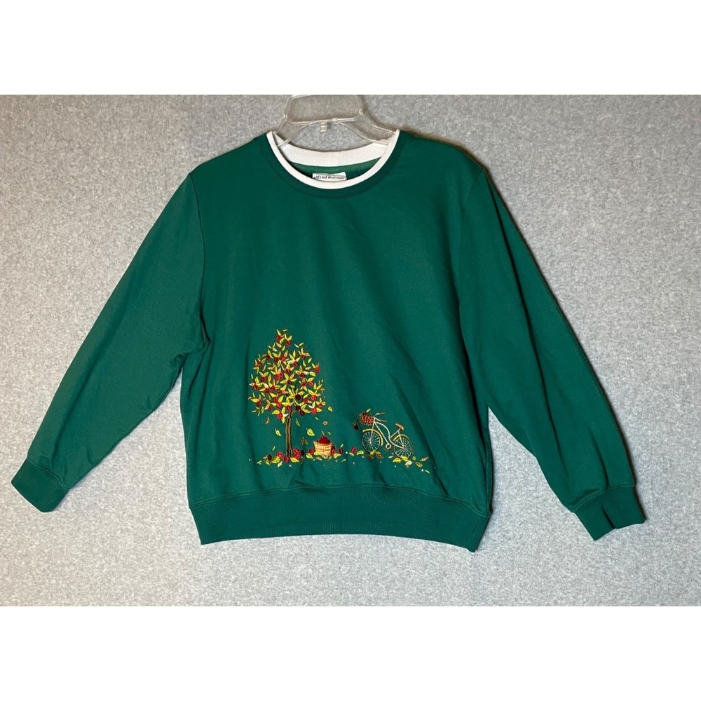 Alfred Dunner Sweater Medium Petite Granycore Green Embroidered Fall Bicycle